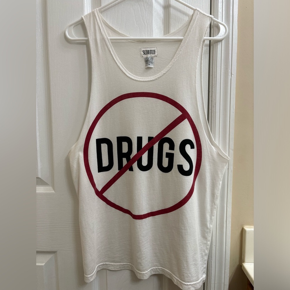 Scratch Vintage Graphic Muscle Tank Top ‘No Drugs’ White 90s Punk Unisex Large